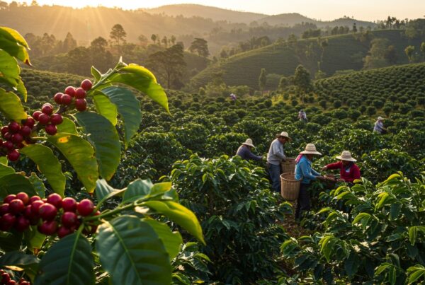 Kaffefarm i Brasil, bønder høster kaffe
