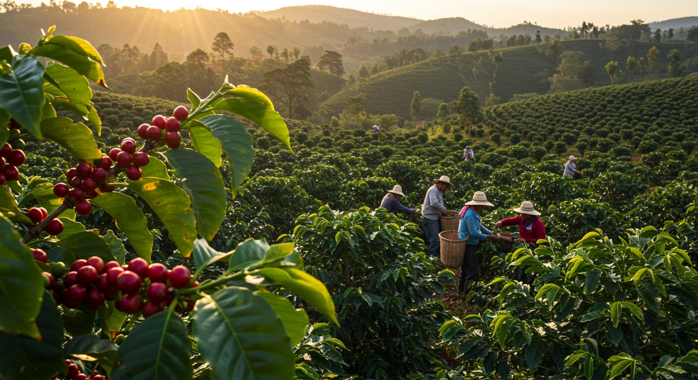 Kaffefarm i Brasil, bønder høster kaffe